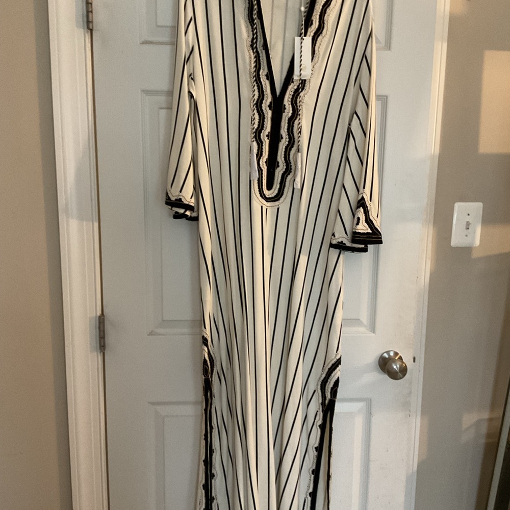 Tory Burch Black & White Striped V-Neck Maxi Dress